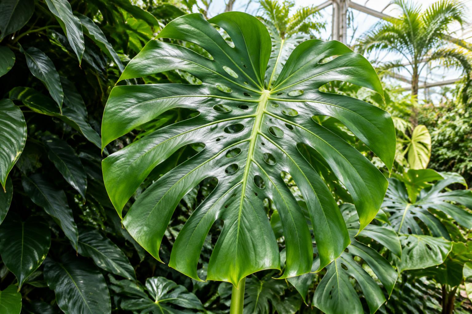 Botanical illustration of a mature Monstera deliciosa leaf with enclosed holes and split margins